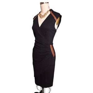 Cache Faux Wrap Dress Womens 10 Black Excellent Grommet Leather Trim Sheath